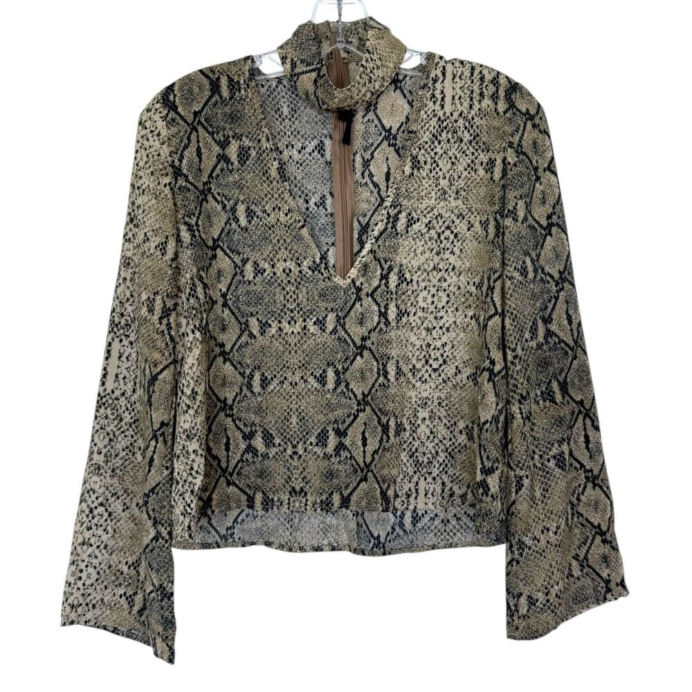 Olivaceous Snakeskin Long Sleeve Blouse Collared Deep V-Neck Shirt Size Small